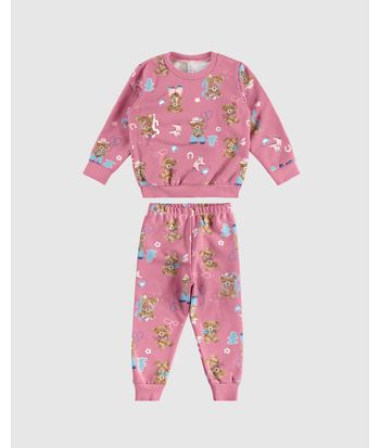 Pijama Longo Infantil Menina Estampa Ursinho Moletom Flanelado Malwee Kids