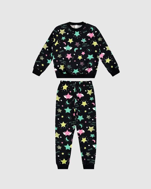 Pijama Longo Infantil Menina Estrelas Em Moletom Flanelado Malwee Kids