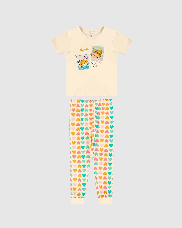 Pijama Longo Infantil Menina Fashion Cat Em Algodão Malwee Kids