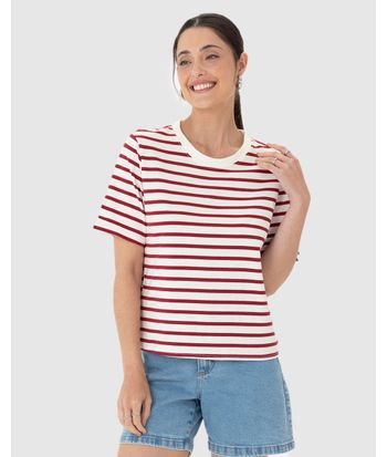 Blusa Feminina Listrada Manga Curta Em Algodão