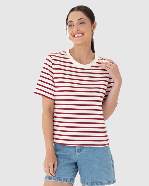 Blusa Feminina Listrada Manga Curta Em Algodão