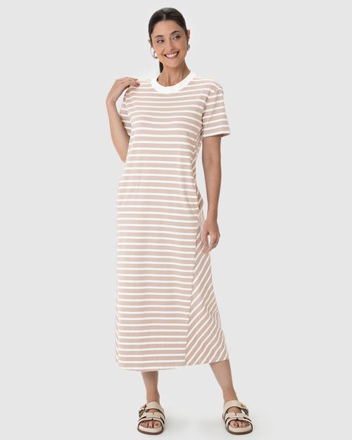 Vestido Midi Feminino Listrado Bolso Funcional Em Malha Algodão