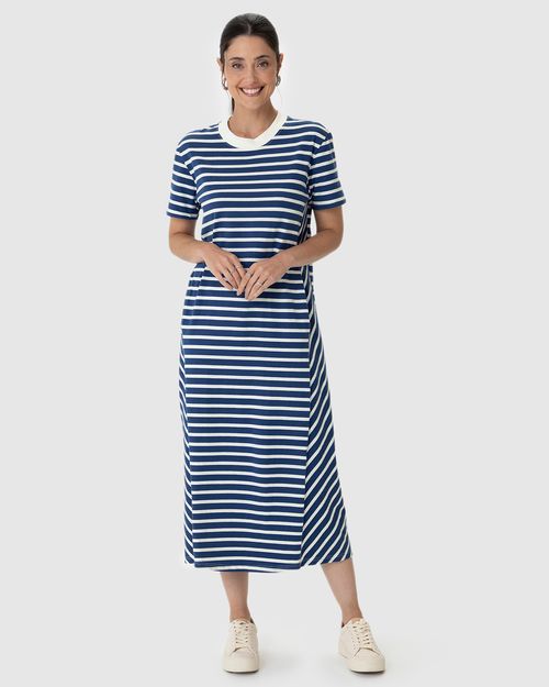 Vestido Midi Feminino Listrado Bolso Funcional Em Malha Algodão
