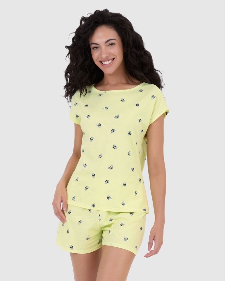 Pijama Curto Feminino Manga Curta Estampado Em Algodão