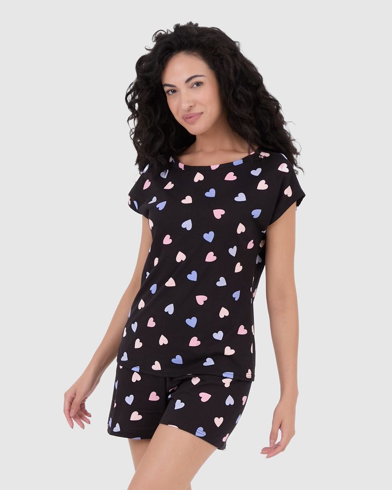 Pijama Curto Feminino Manga Curta Estampado Em Algodão