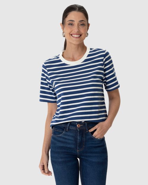 Blusa Feminina Listrada Manga Curta Em Algodão