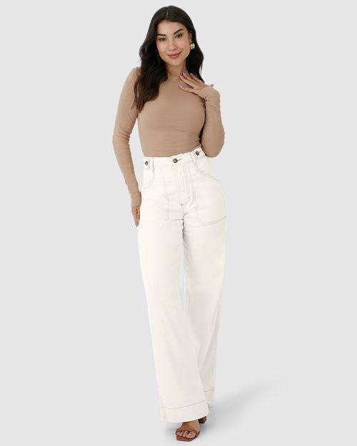 Calça Wide Leg Feminina Costura Contraste Em Sarja Com Elastano