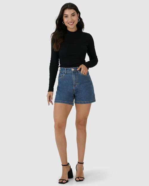 Shorts Feminino Mom Bolso Funcional Em Jeans Com Elastano