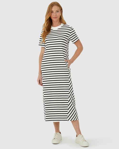 Vestido Midi Feminino Listrado Bolso Funcional Em Malha Algodão