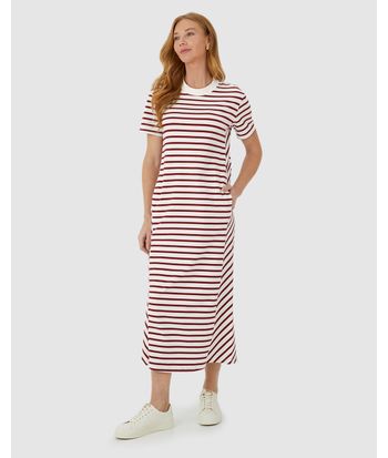 Vestido Midi Feminino Listrado Bolso Funcional Em Malha Algodão
