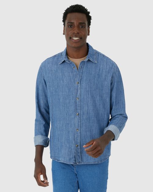 Camisa Masculina Tradicional Manga Longa Em Jeans Leve