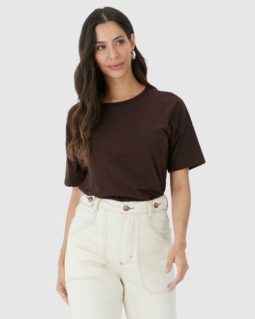 Camiseta Feminina Ampla Bordado Frontal Em Algodão