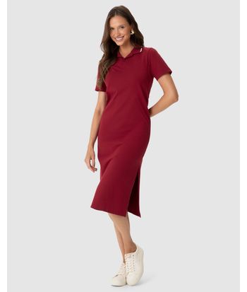 Vestido Midi Feminino Polo Fenda Lateral Em Piquet Stretch