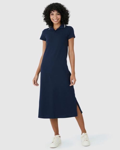 Vestido Midi Feminino Polo Fenda Lateral Em Piquet Stretch