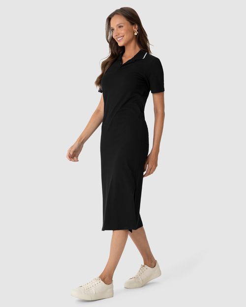 Vestido Midi Feminino Polo Fenda Lateral Em Piquet Stretch