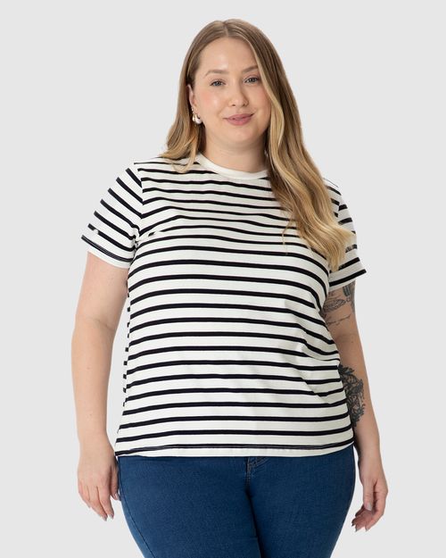 Camiseta Feminina Plus Size Listrada Em Algodão