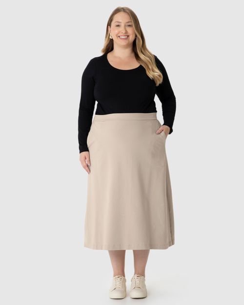 Saia Midi Feminina Plus Size Evasê Bolso Faca Em Moletom Stretch