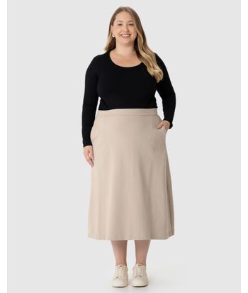 Saia Midi Feminina Plus Size Evasê Bolso Faca Em Moletom Stretch