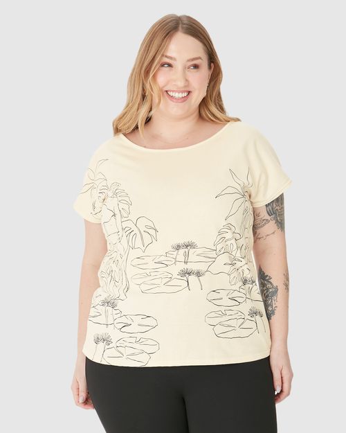 Blusa Feminina Plus Size Estampa Folhagem Em Algodão