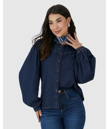 Camisa Feminina Manga Longa Com Pregas Em Jeans 100% Algodão