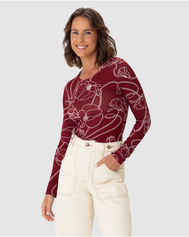 Blusa Feminina Estampada Decote Redondo Manga Longa Em Viscose