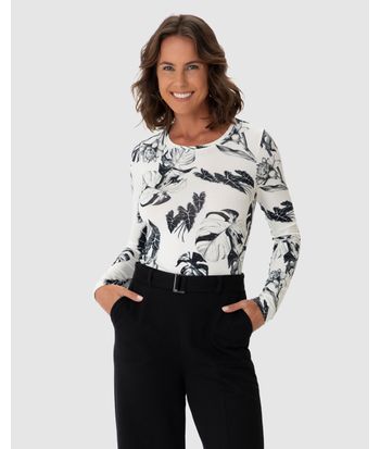 Blusa Feminina Estampada Decote Redondo Manga Longa Em Viscose Stretch