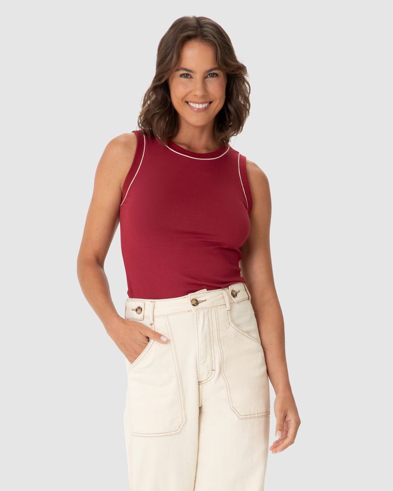 Regata Feminina Costura Contraste Em Malha Viscose Canelada