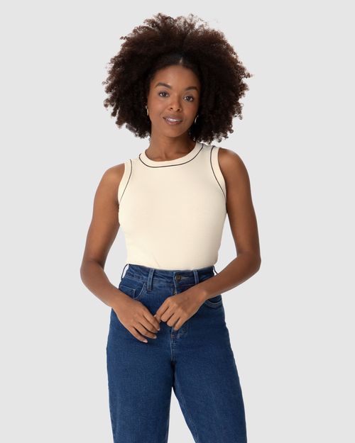 Regata Feminina Costura Contraste Em Malha Viscose Canelada
