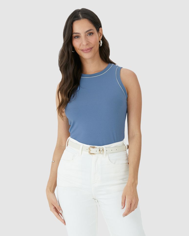 Regata Feminina Costura Contraste Em Malha Viscose Canelada