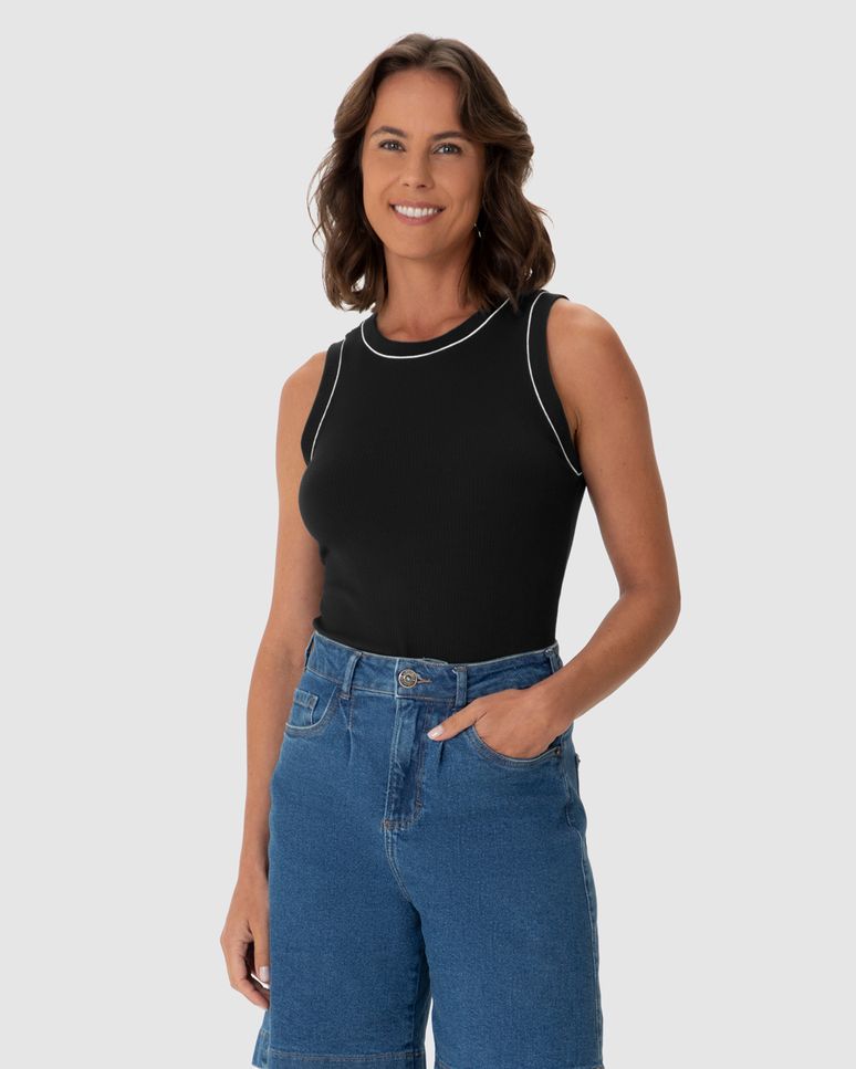 Regata Feminina Costura Contraste Em Malha Viscose Canelada