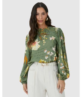 Blusa Ampla Feminina Floral Manga Longa Bufante Em Viscolinho