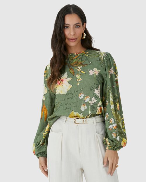 Blusa Ampla Feminina Floral Manga Longa Bufante Em Viscolinho
