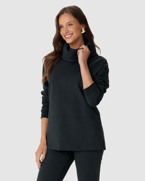 Blusão Feminino Alongado Fenda Lateral Em Moletom Stretch Flanelado