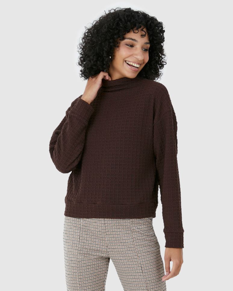 Blusão Amplo Feminino Gola Alta Em Jacquard Texturizado