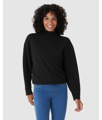 Blusão Amplo Feminino Gola Alta Em Jacquard Texturizado
