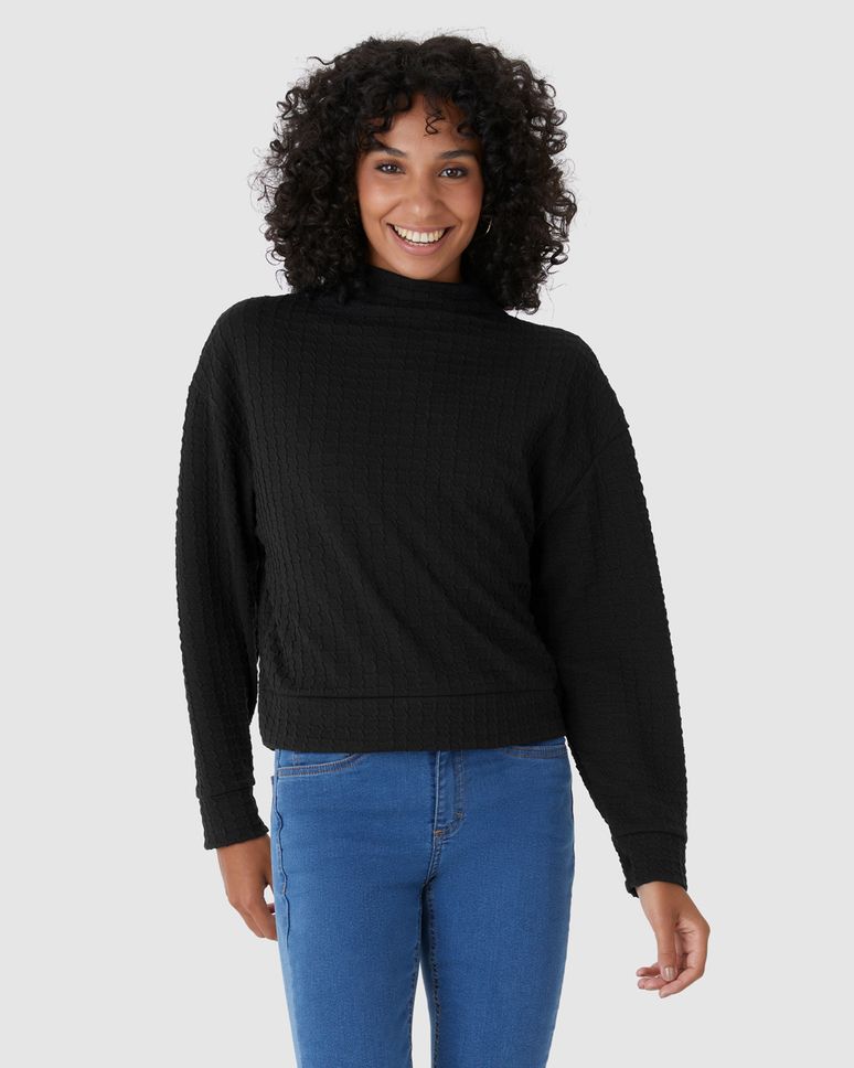 Blusão Amplo Feminino Gola Alta Em Jacquard Texturizado