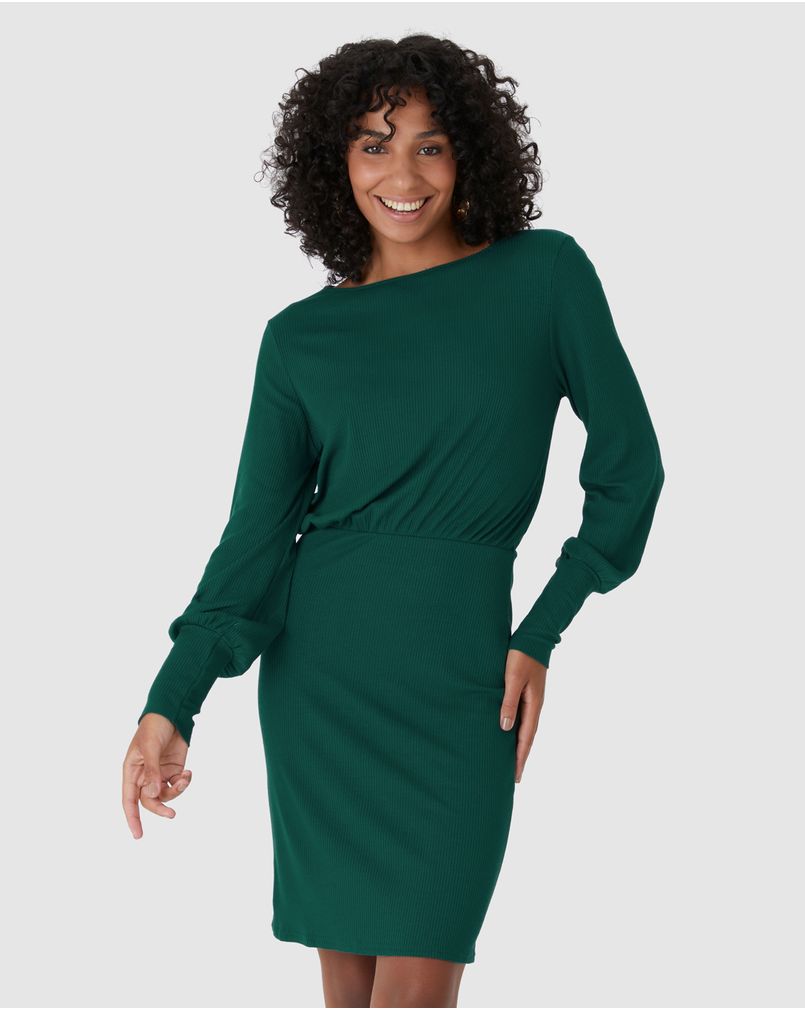 Vestido Feminino Manga Longa Em Malha Viscose Canelada VERDE Malwee