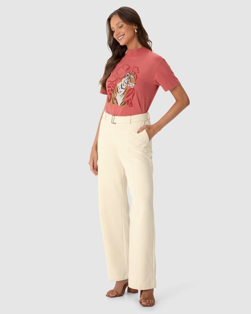Calça Reta Feminina Com Cinto E Bolso Funcional Em Moletom Flanelado