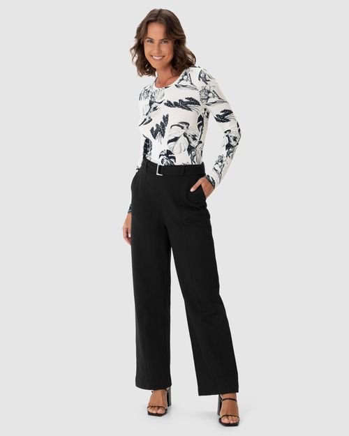 Calça Reta Feminina Com Cinto E Bolso Funcional Em Moletom Flanelado