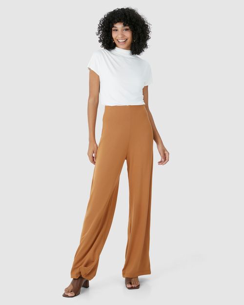 Calça Wide Leg Feminina Bolso Faca Em Moletinho De Viscose