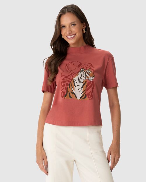 Camiseta Feminina Gola Alta Estampa Ilustrativa Em Algodão