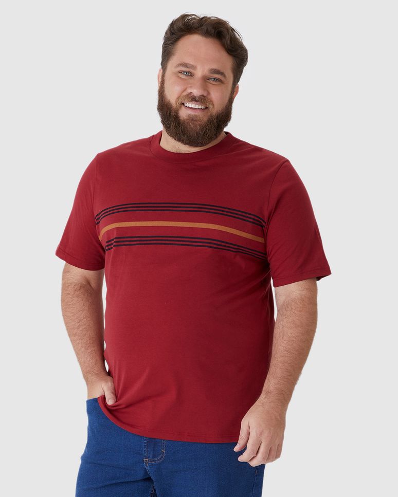 Camiseta Masculina Plus Size Estampa Listras Frontais Em Algodão