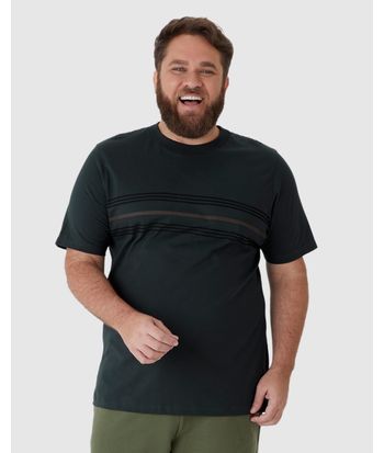 Camiseta Masculina Plus Size Estampa Listras Frontais Em Algodão