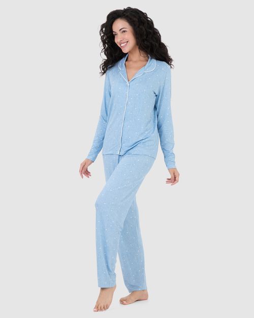 Pijama Longo Feminino Americano Estampado Em Viscose Stretch