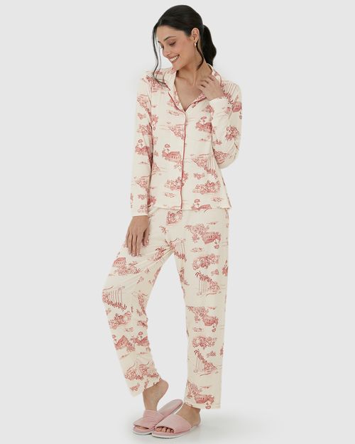 Pijama Longo Feminino Americano Estampado Em Viscose Stretch