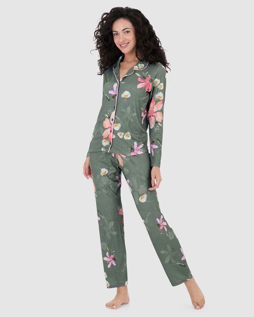 Pijama Longo Feminino Americano Estampado Em Viscose Stretch
