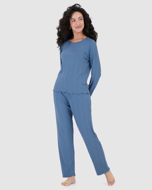 Pijama Longo Feminino Blusa Manga Longa Em Malha Canelada De Viscose