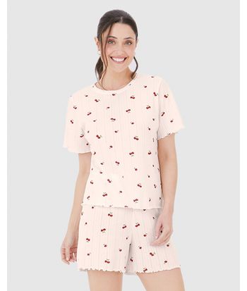 Pijama Curto Feminino Estampado Em Malha Jacquard
