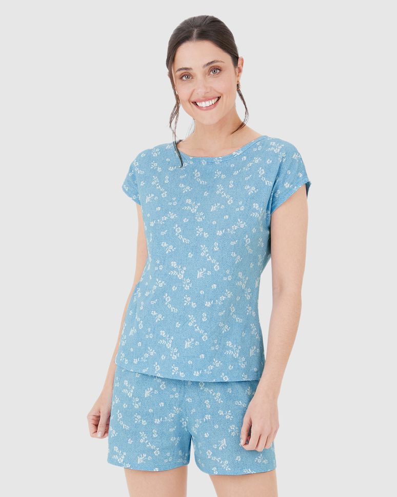 Pijama Curto Feminino Manga Curta Estampado Em Algodão