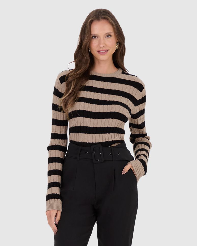 Suéter Feminino Listrado Manga Longa Em Tricô